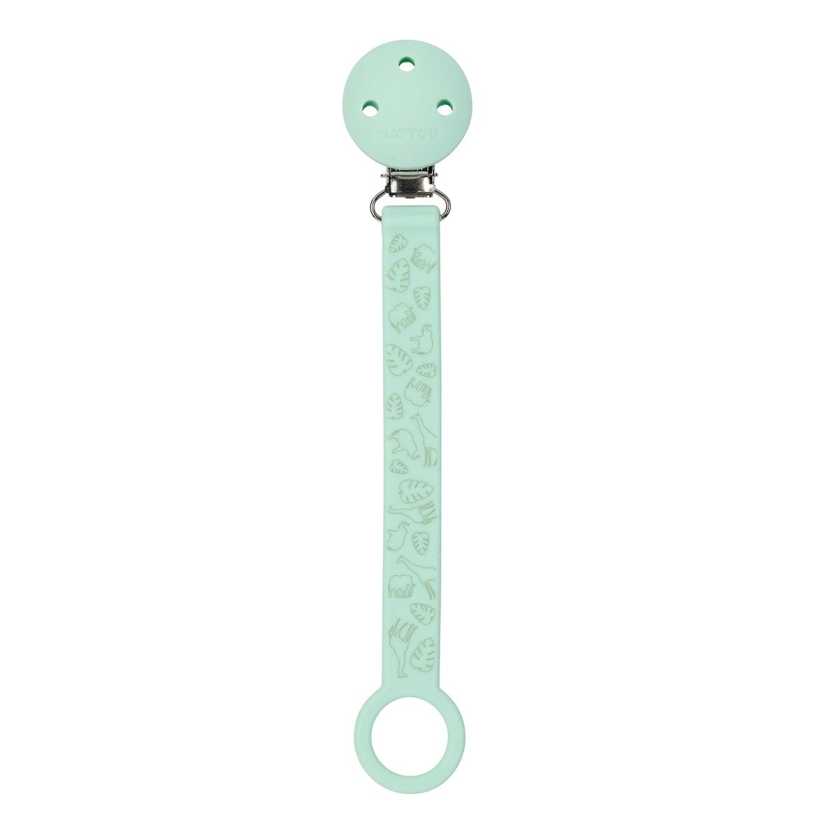 Nattou Silicone Pacifier Holder, Mint Safari Print