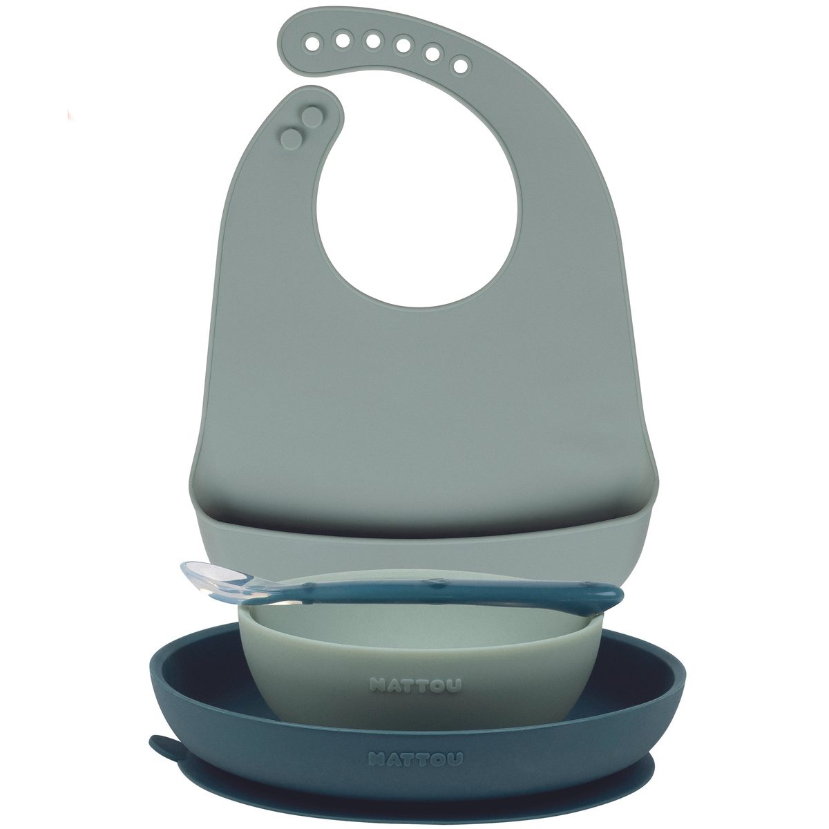 Nattou Silicone Mealtime Set with Bib, 4 Pieces, Green