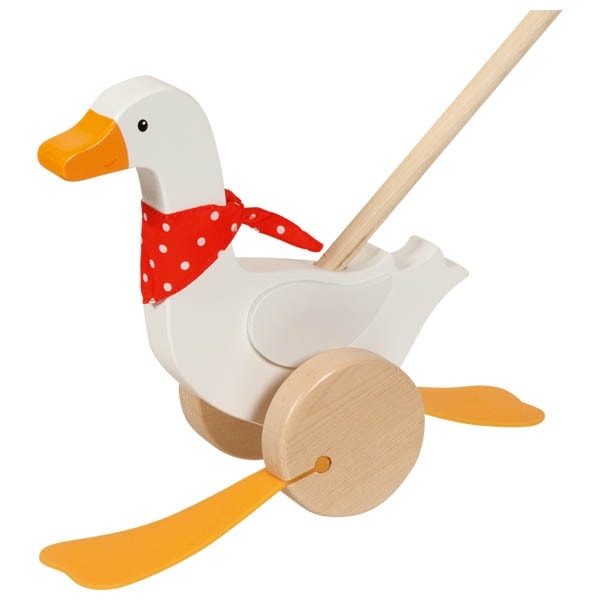 Wooden push-along goose toy on a long handle