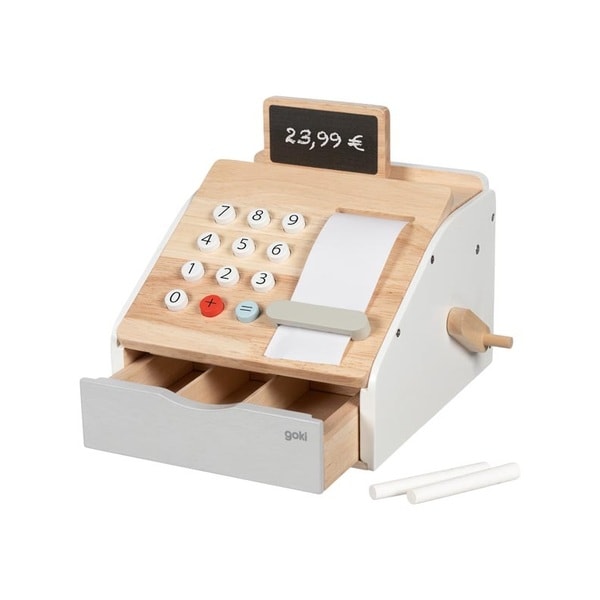 Wooden play cash register with paper roll