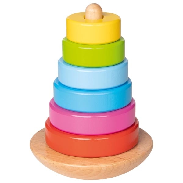 Wobbling wooden stacking tower with seven rings
