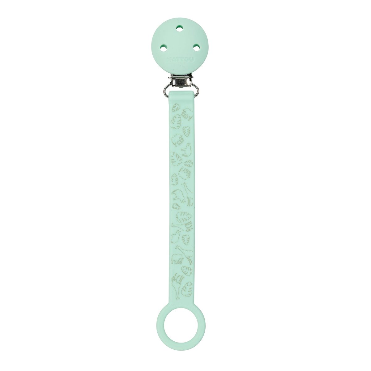 Nattou Silicone Pacifier Holder, Mint Safari Print