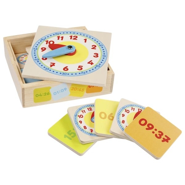 Wooden teaching clock with time cards