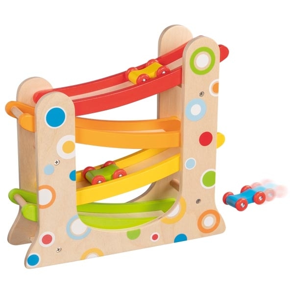 Wooden car racetrack with three wooden cars