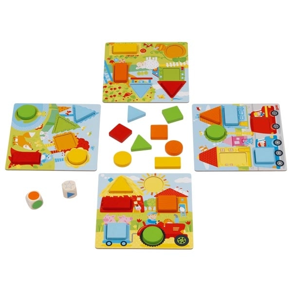 Color-matching dice game with geometric shapes