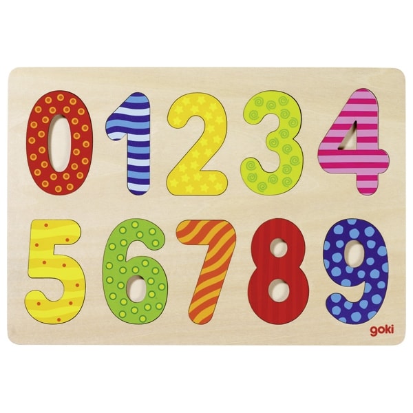 Wooden number puzzle with pieces 0 through 9
