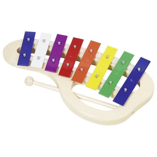 Rainbow-colored wooden xylophone with two mallets