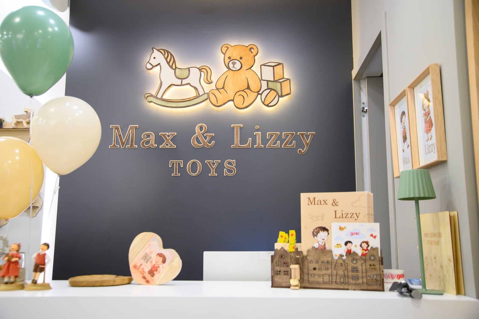 The Max & Lizzy Toys sign inside the shop