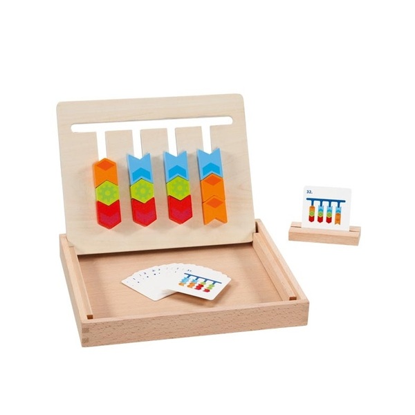 Wooden color sorting board with layered shapes and pattern cards