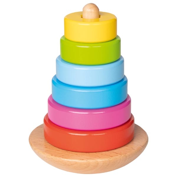 Wobbling wooden stacking tower with seven rings